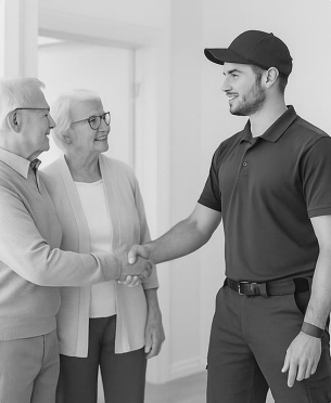 Technician greeting seniors
